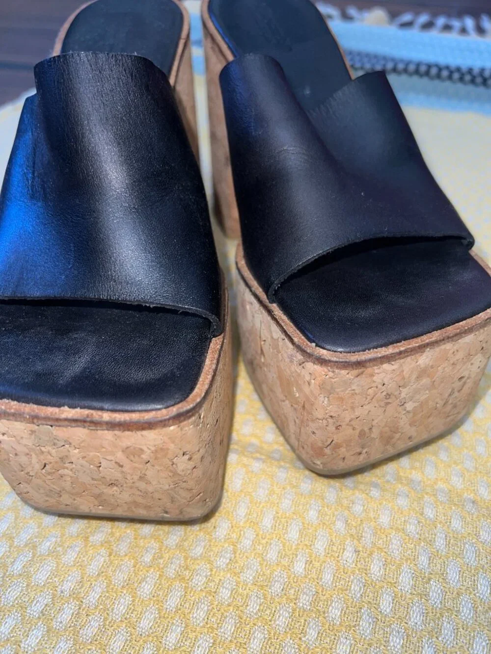 Jeffrey Campbell Black Leather Cork Platform Slide Sandals Size 38